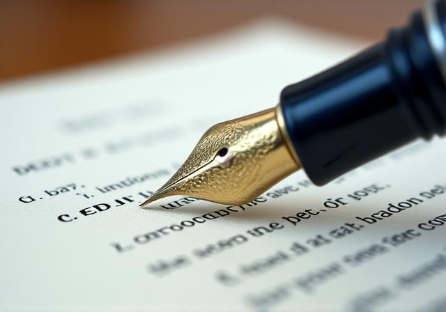 Close up of a fountain pen resting on a complex legal document