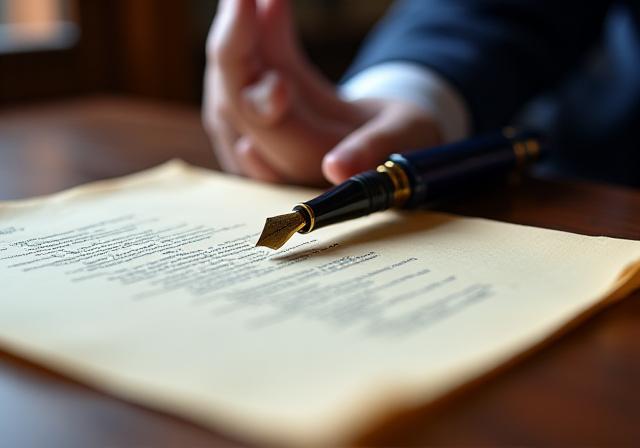 Bespoke legal documents on a dark wood desk in London